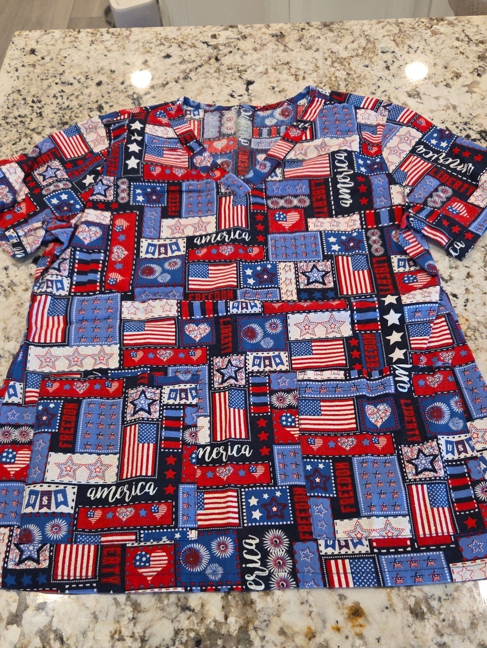 Patriotic Patchwork Scrub Top - Red, White & Blue